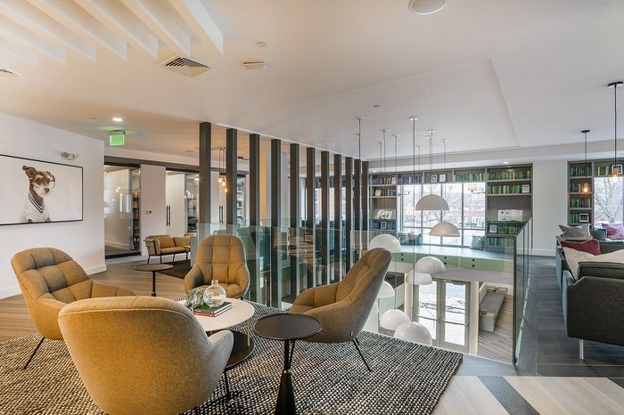 Chic modern study area with stylish armchairs and floor-to-ceiling windows showcasing a vibrant communal space.