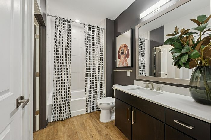 Modern bathroom with elegant black cabinetry, a large mirror, artistic dog portrait, and stylish patterned shower curtains.