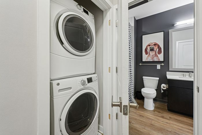 Modern apartment bathroom with sleek black walls, stylish vanity, and convenient in-unit laundry area.
