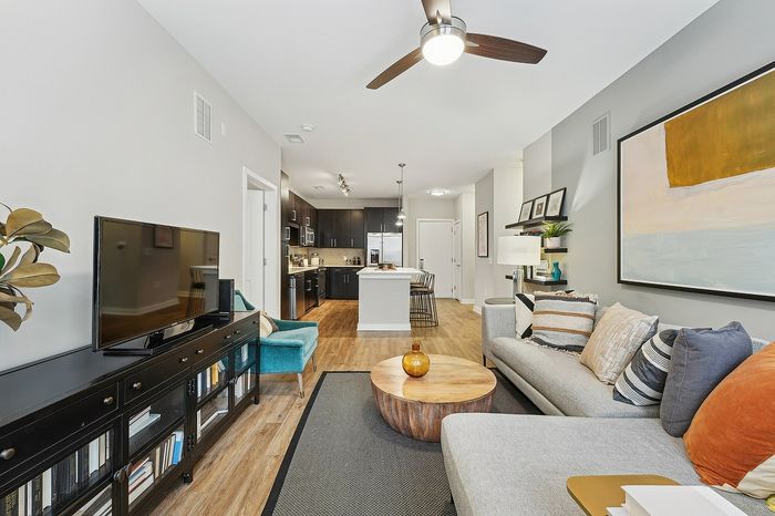 Inviting modern apartment with cozy living area, sleek kitchen, and stylish decor, perfect for relaxation and entertaining.