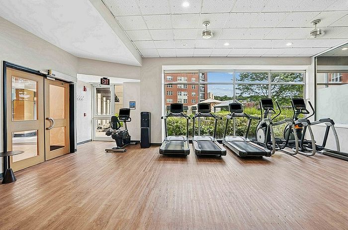 Bright and modern gym facility featuring state-of-the-art treadmills and exercise machines with expansive views of lush greenery.