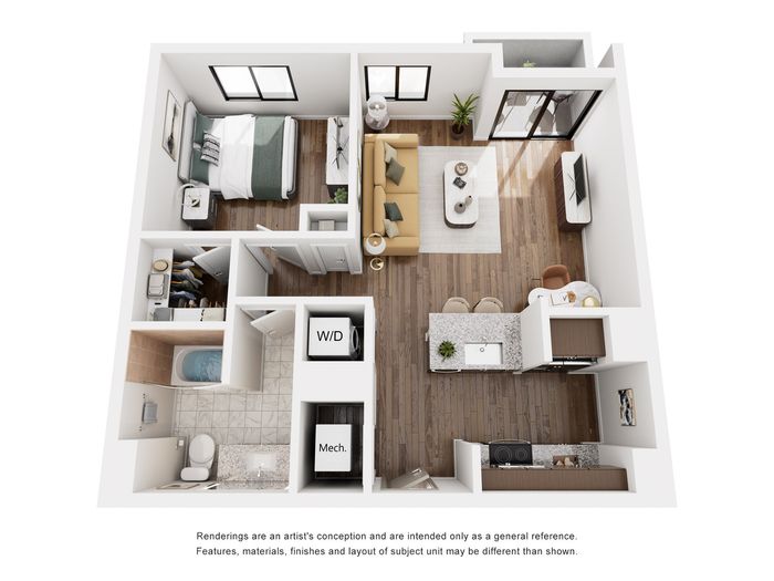 1 Bed/ 1 Bath w/ Balcony - 3D