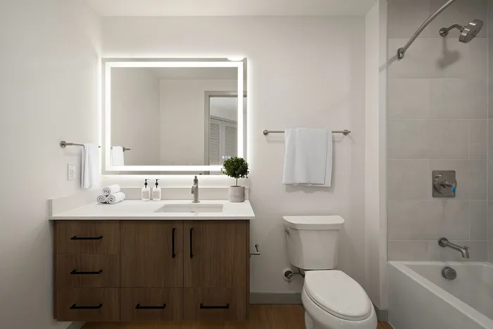 Sleek, modern bathroom with illuminated mirror, elegant wood cabinetry, and spacious shower area.