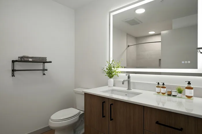 Modern bathroom with sleek wooden cabinetry, a large illuminated mirror, and elegant countertop accessories.