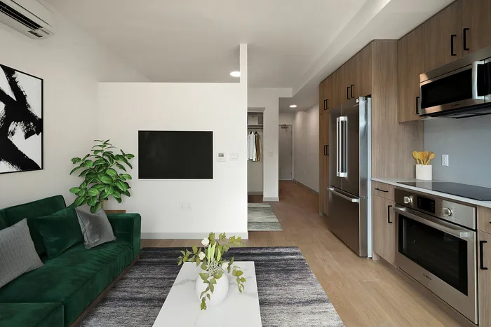 Modern apartment living room with a sleek open kitchen, featuring elegant wooden cabinetry and contemporary appliances. The room is stylishly furnished with a plush green sofa, abstract wall art, and a vibrant potted plant, creating a welcoming and luxurious ambiance.