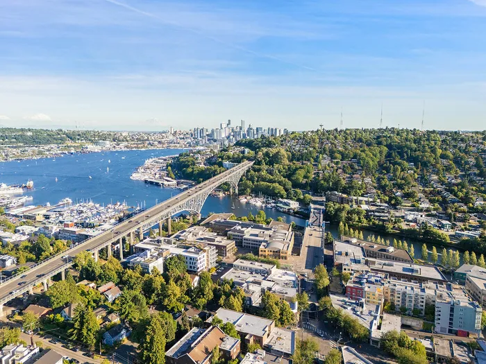 Breathtaking aerial view showcasing a vibrant cityscape, lush green hills, and a serene waterfront with a prominent bridge, highlighting urban convenience and natural beauty.