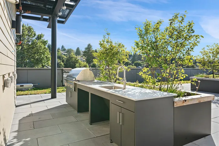 Chic outdoor kitchen with sleek countertop, built-in grill, and lush garden views perfect for entertaining.