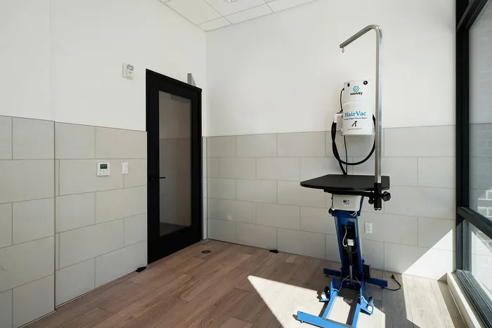 Sleek grooming room featuring modern tile walls, a black glass door, and an advanced HairVac system for efficient pet care.