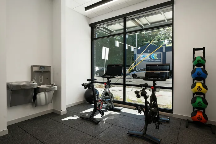 Modern fitness corner with state-of-the-art exercise bikes, vibrant medicine balls, and a sleek hydration station overlooking a bright window view.