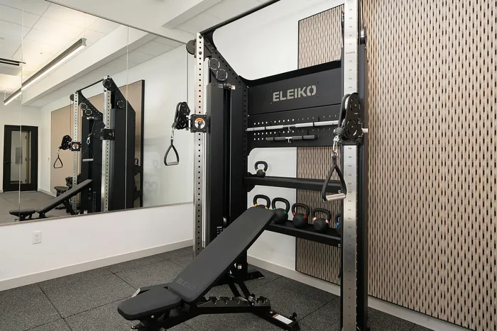 Modern gym area featuring advanced Eleiko workout equipment, sleek bench, and kettlebells, ideal for fitness enthusiasts.