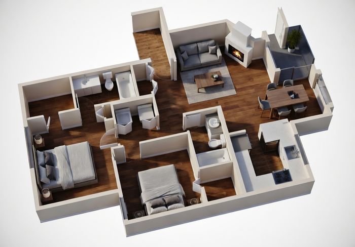 Modern 3D floor plan displaying 2 bedrooms, elegant living room with fireplace, and a sleek kitchen with dining area.