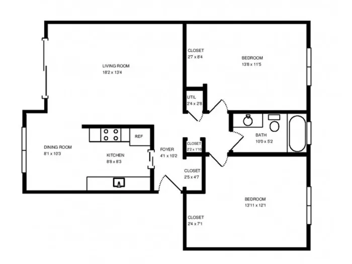 Two Bedroom One Bath 1,100 square feet