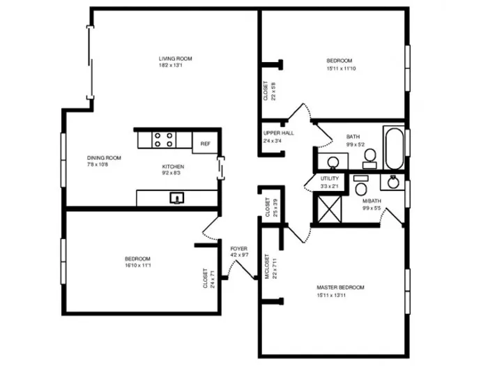 Three Bedroom Two Bath 1,400 square feet.