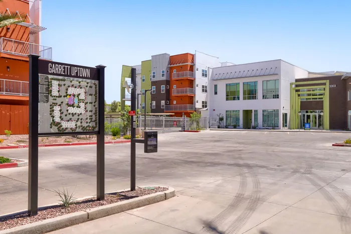 Garrett Uptown apartment community site map and entrance signage in Chandler, Arizona