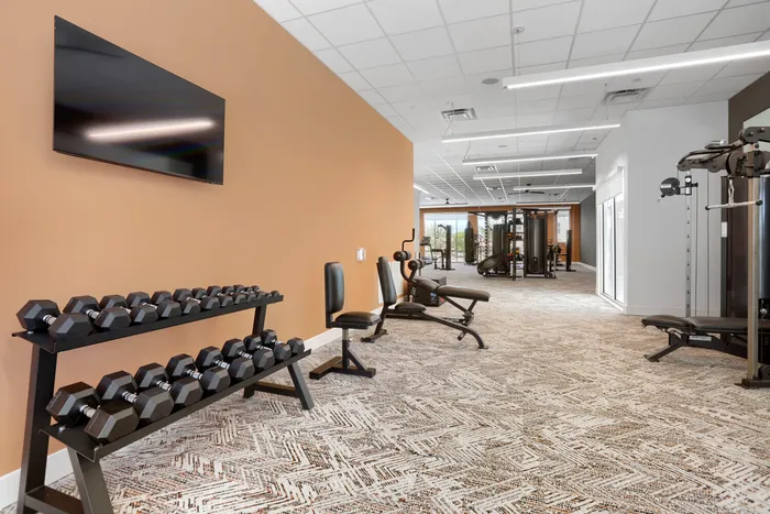 Garrett Uptown fitness center free weight area with hex dumbbell rack, adjustable bench, and cable machines in Chandler, AZ
