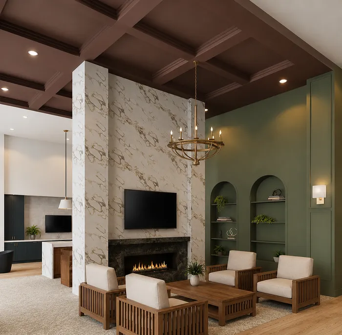 Rendering of the Garrett North Powers clubhouse lounge in Colorado Springs with a marble fireplace, brass chandelier, and green accent walls