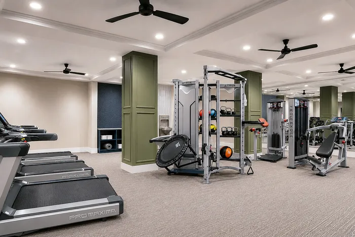Rendering of the Garrett North Powers fitness center in Colorado Springs with treadmills, a free weight rack, and cable machines