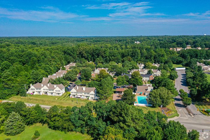 Aerial view of a serene residential neighborhood surrounded by lush greenery with a clear blue sky.