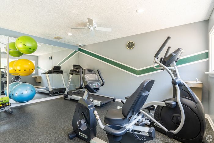Inviting home gym with exercise machines and colorful balance balls.