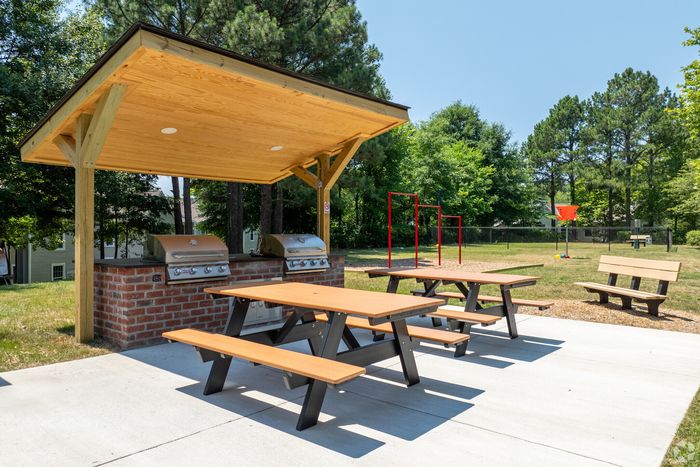 Inviting outdoor picnic area featuring wooden tables, grills, and a playground under a sunny sky.