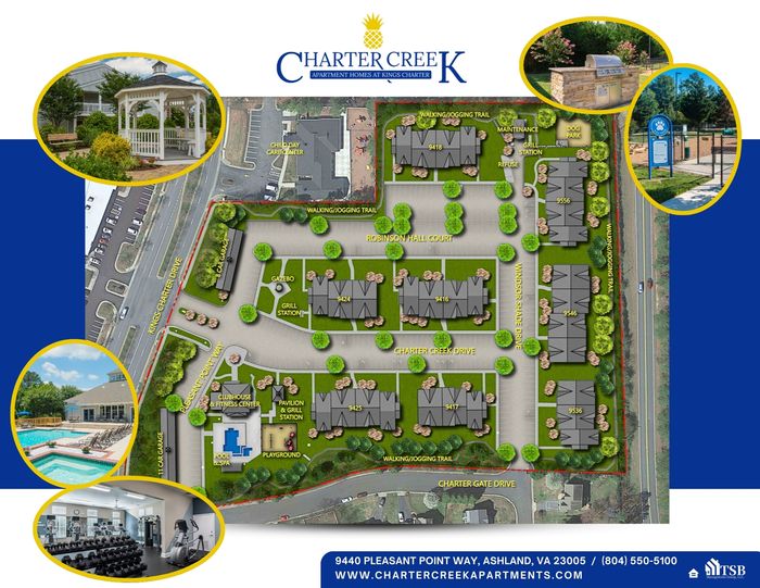 Charter Creek Apartments map highlighting lush landscapes, outdoor amenities, and spacious units. Enjoy a modern fitness center, refreshing pool, scenic jogging trails, dog park, and convenient grill stations.