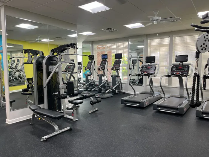 Modern fitness center featuring state-of-the-art treadmills, strength training equipment, and wall-length mirrors for an inspiring workout experience.