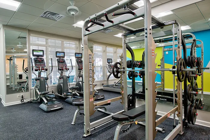 Modern fitness center with state-of-the-art cardio machines and strength training equipment in a bright, airy setting.