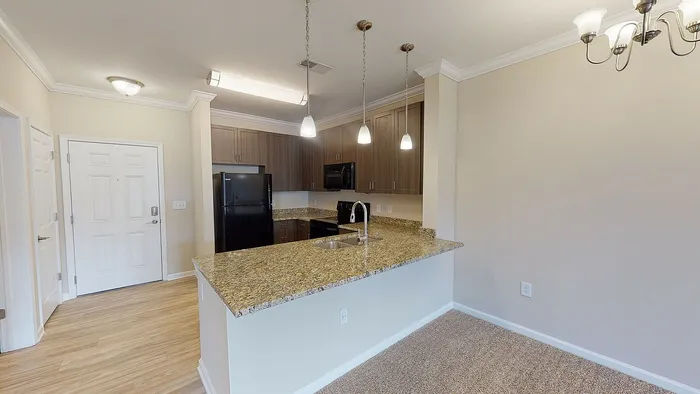 Modern kitchen with granite countertops, stylish pendant lighting, and sleek wooden cabinetry in an open-concept apartment setting.