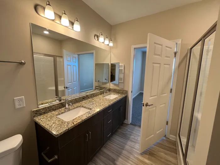 Modern bathroom with elegant granite double vanity, stylish lighting, and a spacious shower enclosure.