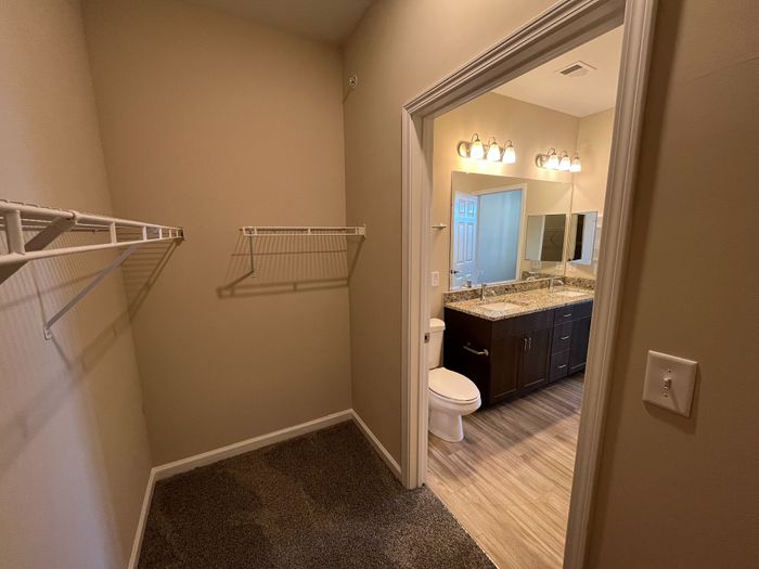 Elegant apartment with a spacious walk-in closet leading to a modern bathroom featuring sleek granite countertops and stylish lighting.