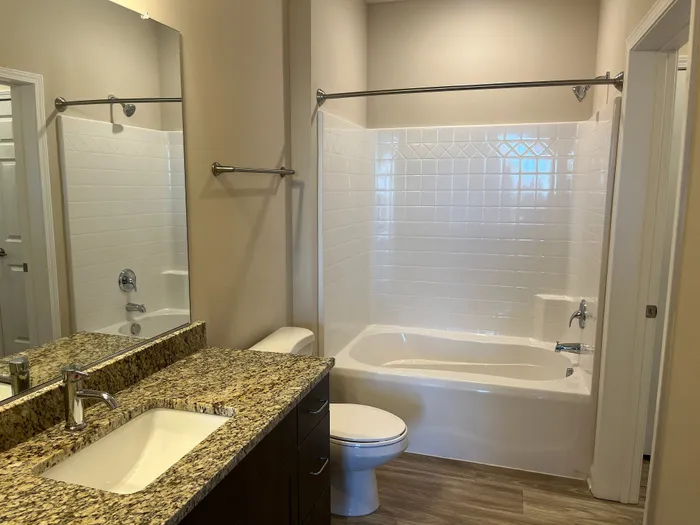 Modern bathroom featuring a luxurious granite countertop, sleek vanity, and beautifully tiled bathtub for a refreshing experience.