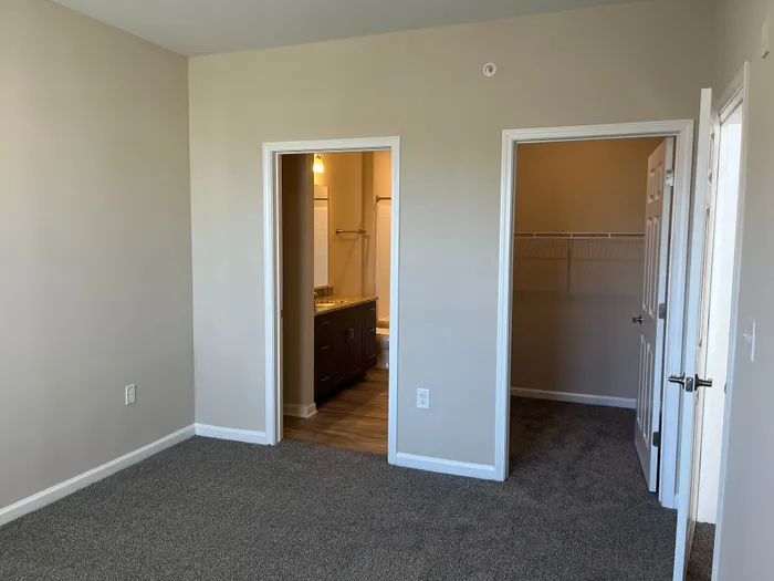 Inviting bedroom with plush carpeting, leading to a modern bathroom and spacious walk-in closet.