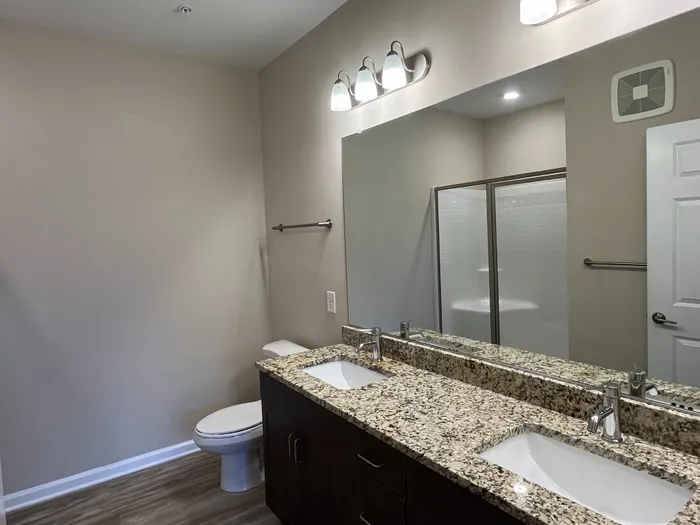 Elegant bathroom featuring dual sinks with sleek granite countertops, under soft overhead lighting, offering a modern and luxurious feel.