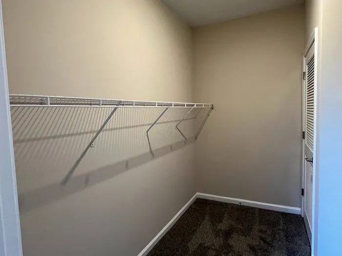 Spacious walk-in closet with ample shelving and plush carpeting, perfect for organized living.