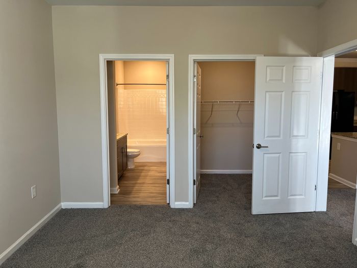 Inviting interior showcasing a cozy carpeted bedroom with attached bathroom and spacious closet.