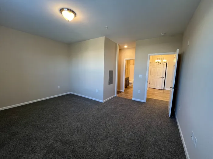 Inviting empty room with plush carpet, warm neutral tones, and a view into a bright hallway leading to a modern bathroom.