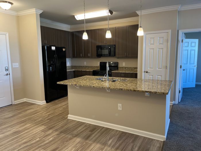 Modern kitchen with elegant granite countertops, sleek appliances, and warm hardwood flooring for a stylish living experience.
