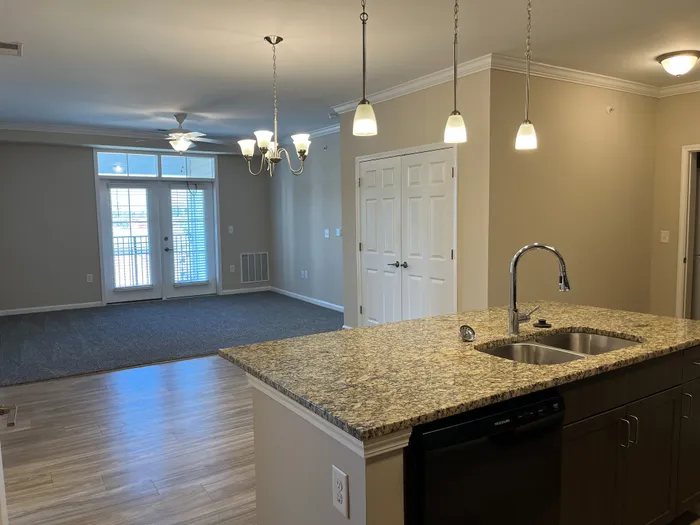 Modern apartment with an elegant open-concept kitchen and living area, featuring granite countertops, pendant lighting, and natural light from large double doors.