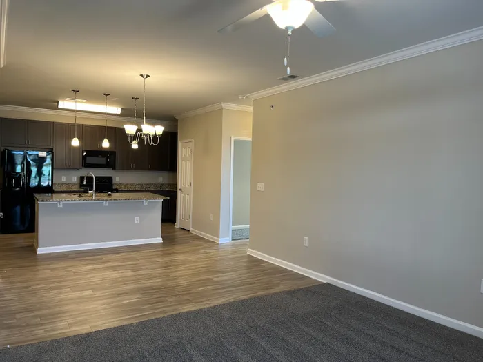 Modern open-plan layout featuring a sleek kitchen with granite countertops, elegant dark cabinetry, and stylish lighting fixtures over a spacious living area with wood flooring and plush carpeting.