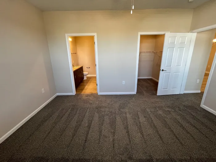 Bright and inviting bedroom with plush carpet, featuring an en-suite bathroom and spacious walk-in closet.