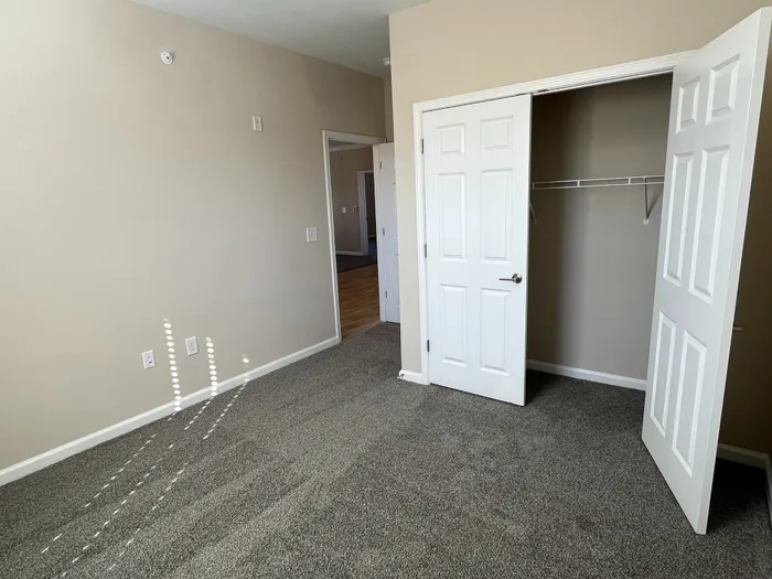 Bright bedroom with cozy carpet, spacious closet, and elegant neutral walls.