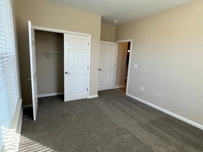 Bright and inviting bedroom with plush carpeting, ample closet space, and natural light streaming through large windows.
