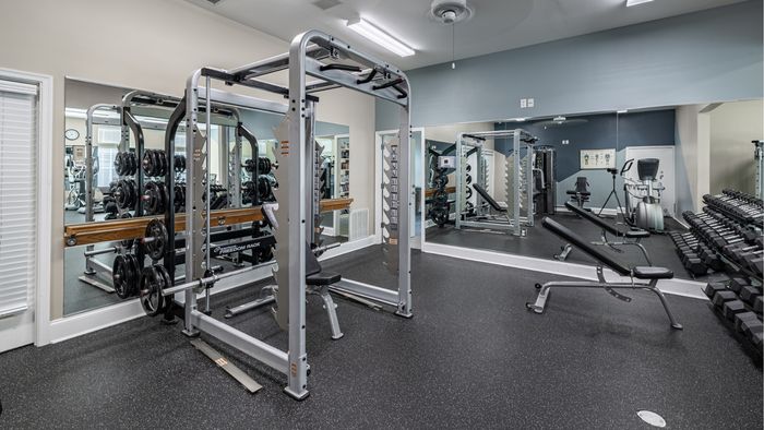 Modern fitness center with state-of-the-art equipment, including a versatile weight rack, benches, and cardio machines, perfect for an invigorating workout.