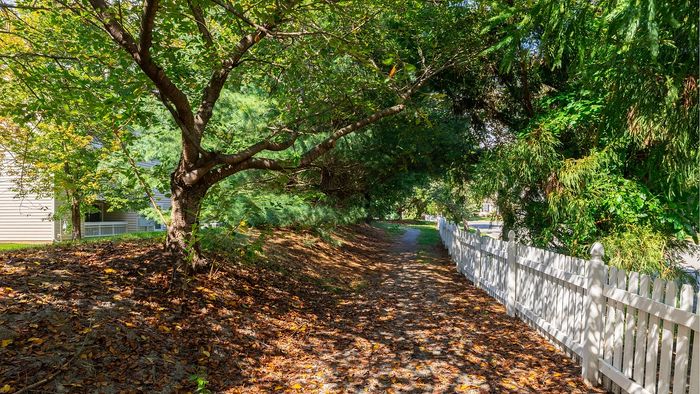 Charming path lined with lush trees and a classic white picket fence, offering a serene and picturesque setting.