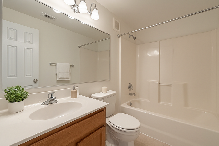 Bright and modern bathroom featuring a sleek vanity, pristine white bathtub, and elegant lighting.