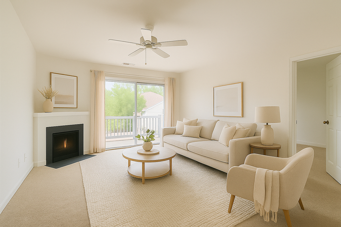 Bright and inviting living room with modern decor, cozy fireplace, and large window overlooking lush greenery.