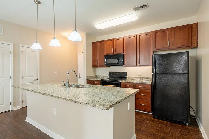 Elegant kitchen with granite countertops, rich wooden cabinetry, and modern appliances under chic pendant lighting.