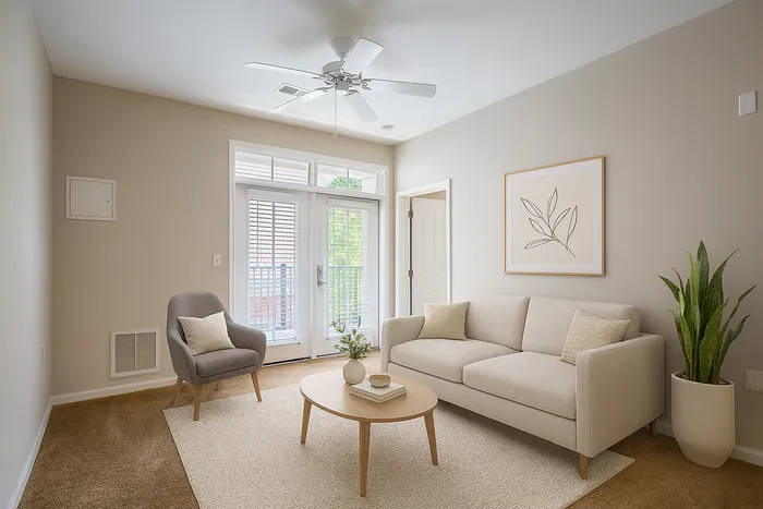 Bright living room with elegant beige sofa, modern armchair, and stylish decor featuring a lush plant, complemented by natural light from French doors.