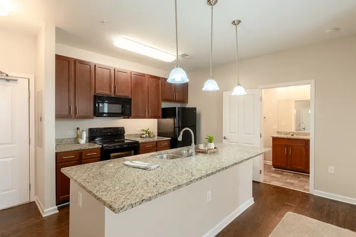 Contemporary kitchen with granite countertops, elegant pendant lighting, and sleek wooden cabinetry extending into a stylish bathroom view.