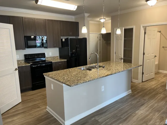 Modern kitchen with elegant granite countertops, sleek dark cabinets, and stainless steel appliances, illuminated by three stylish pendant lights.